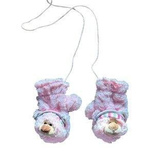 Pink Plush Bear Kids Mittens with Connecting Cord